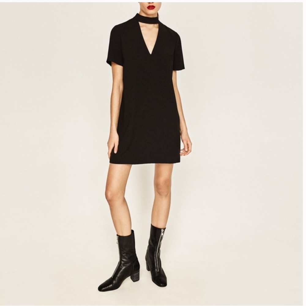 Zara Woman Black V Neck Choker Shift Dress Xs holiday party
